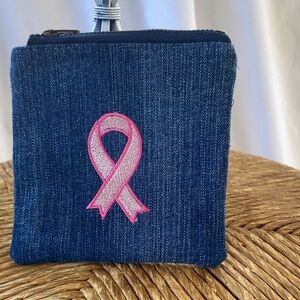 Denim Coin Purse with Pink Ribbon Embroidery